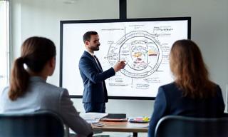 A consultant drawing a strategic diagram on a whiteboard.